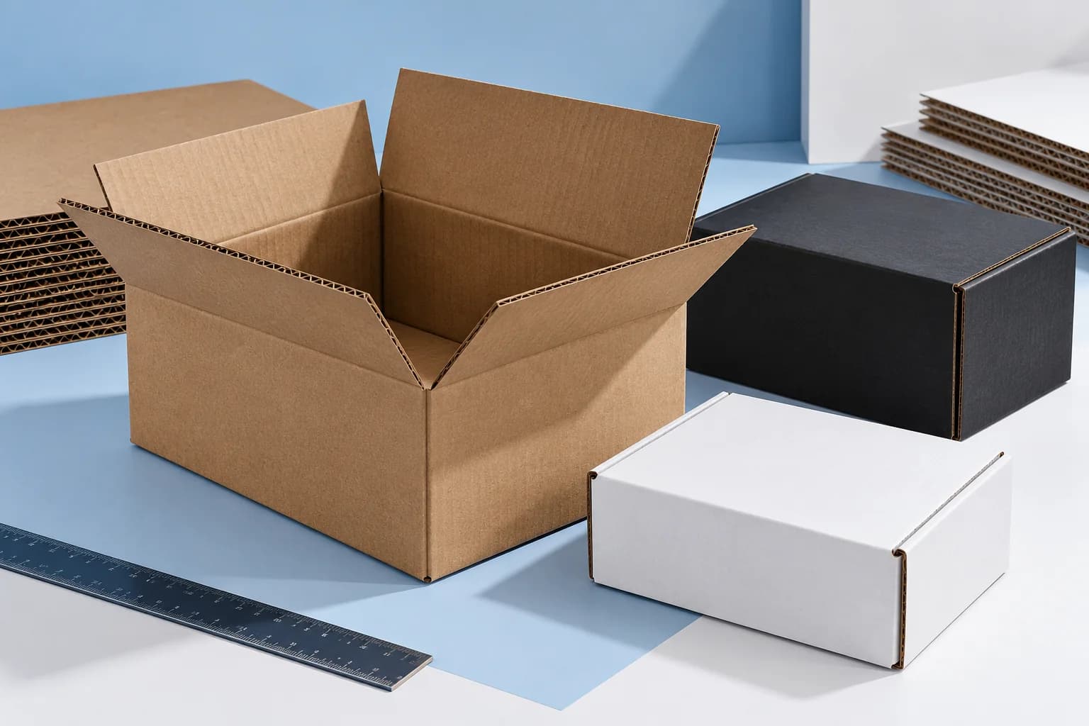Open kraft corrugated shipping box with white and black corrugated cartons