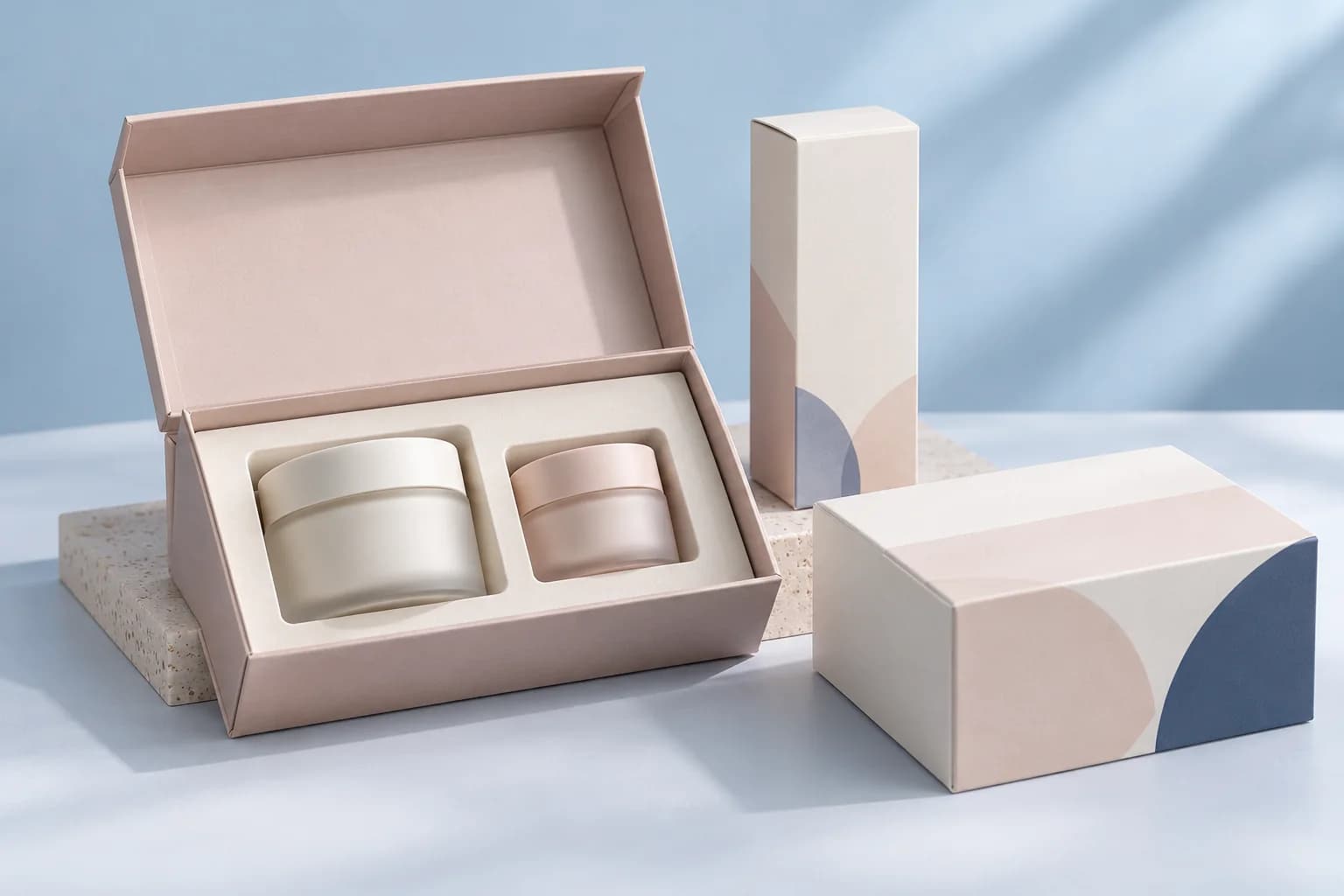 Minimal cosmetic boxes with molded inserts and unbranded cream jars