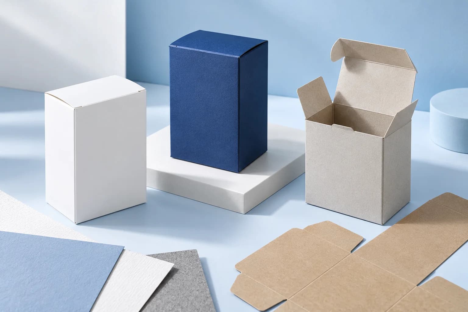 White, cobalt, and natural folding cartons arranged with a flat packaging dieline
