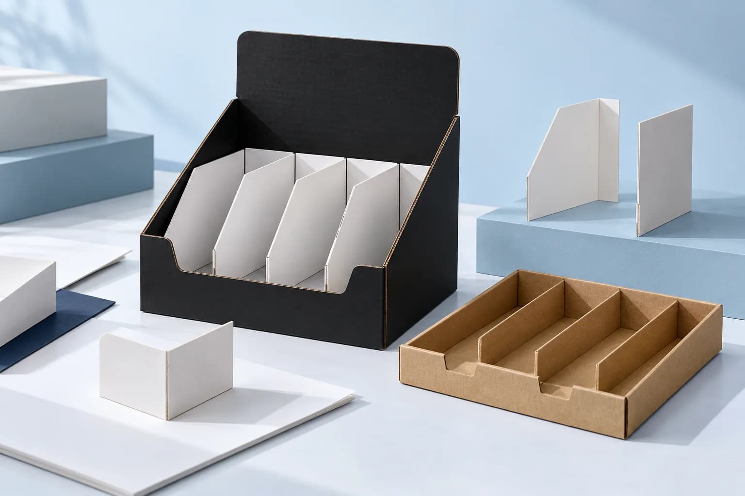 Black display carton with white dividers beside a kraft insert tray