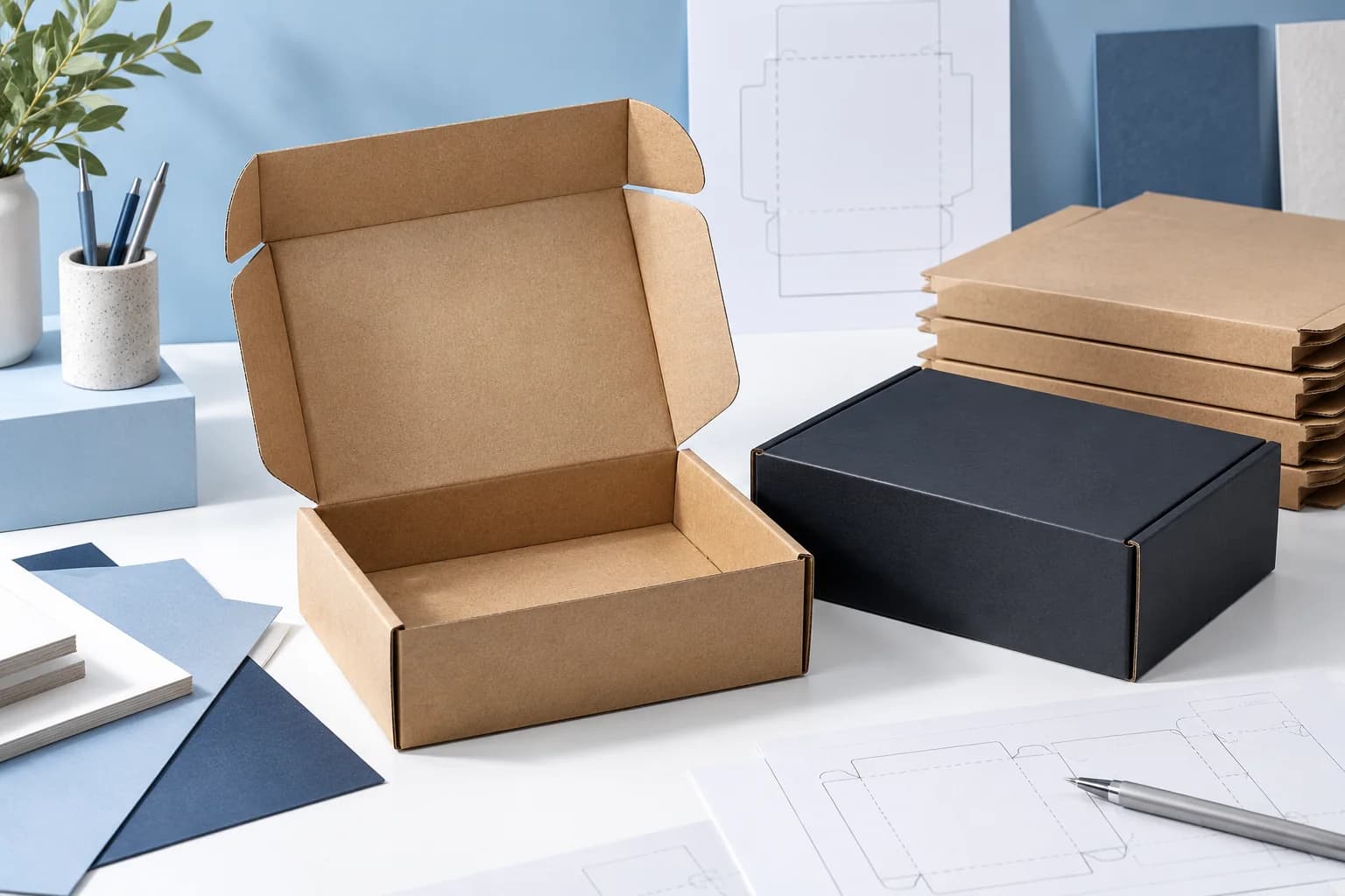 Open kraft and black mailer boxes arranged on a light-blue packaging worktable