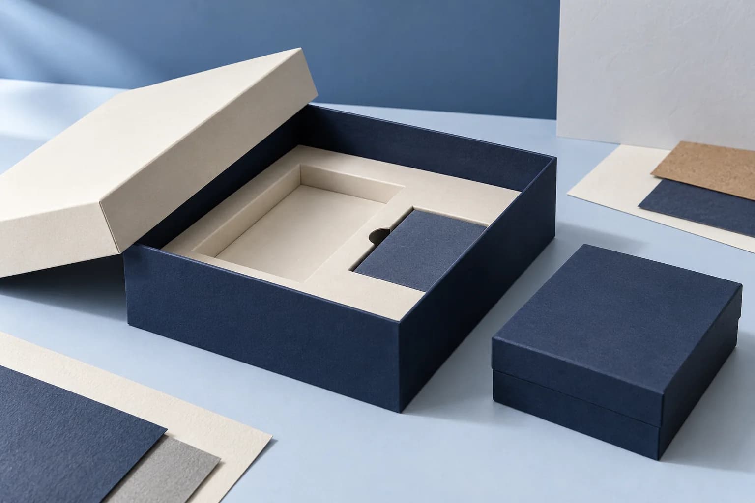 Open navy rigid presentation box with a fitted cream paper insert
