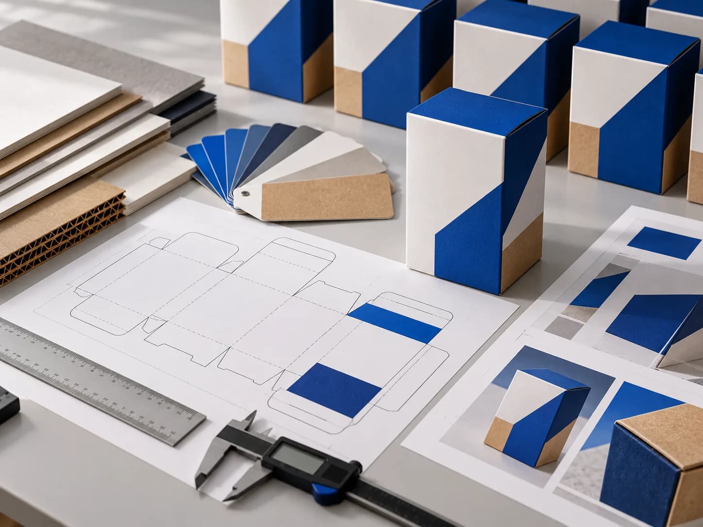 Packaging specification sheets, dieline, material samples, and matching boxes prepared for repeat production