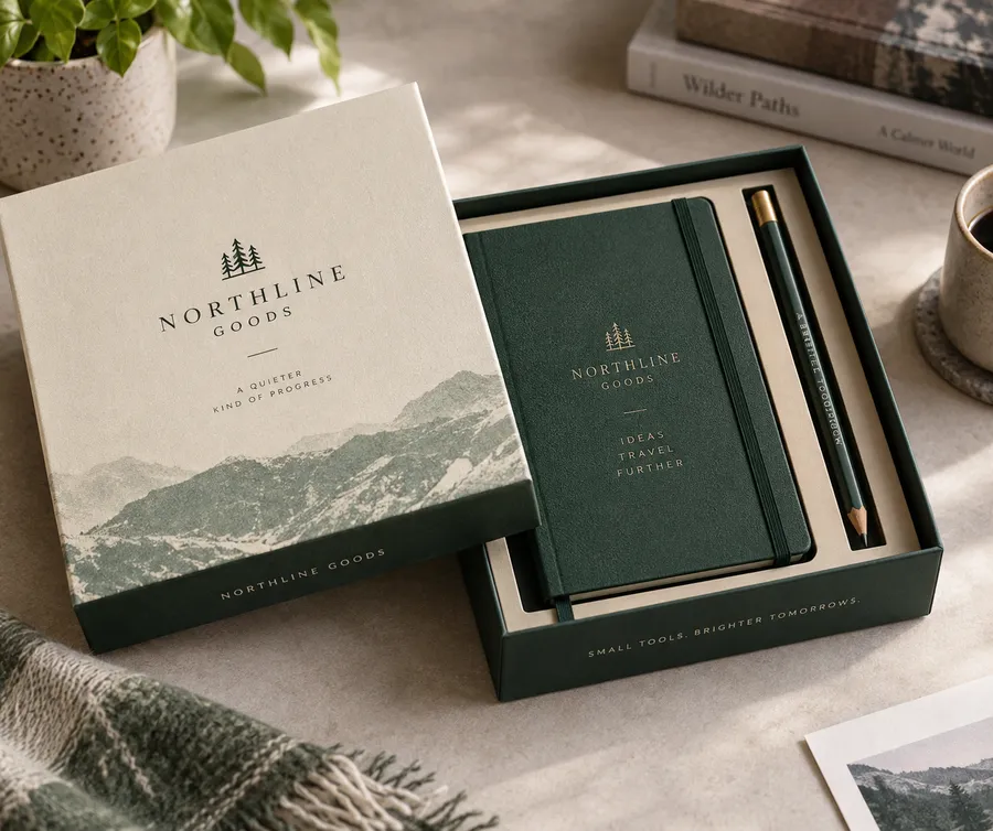 Open two-piece rigid box with a printed lift-off lid, fitted notebook and pencil insert, and Northline Goods mockup.