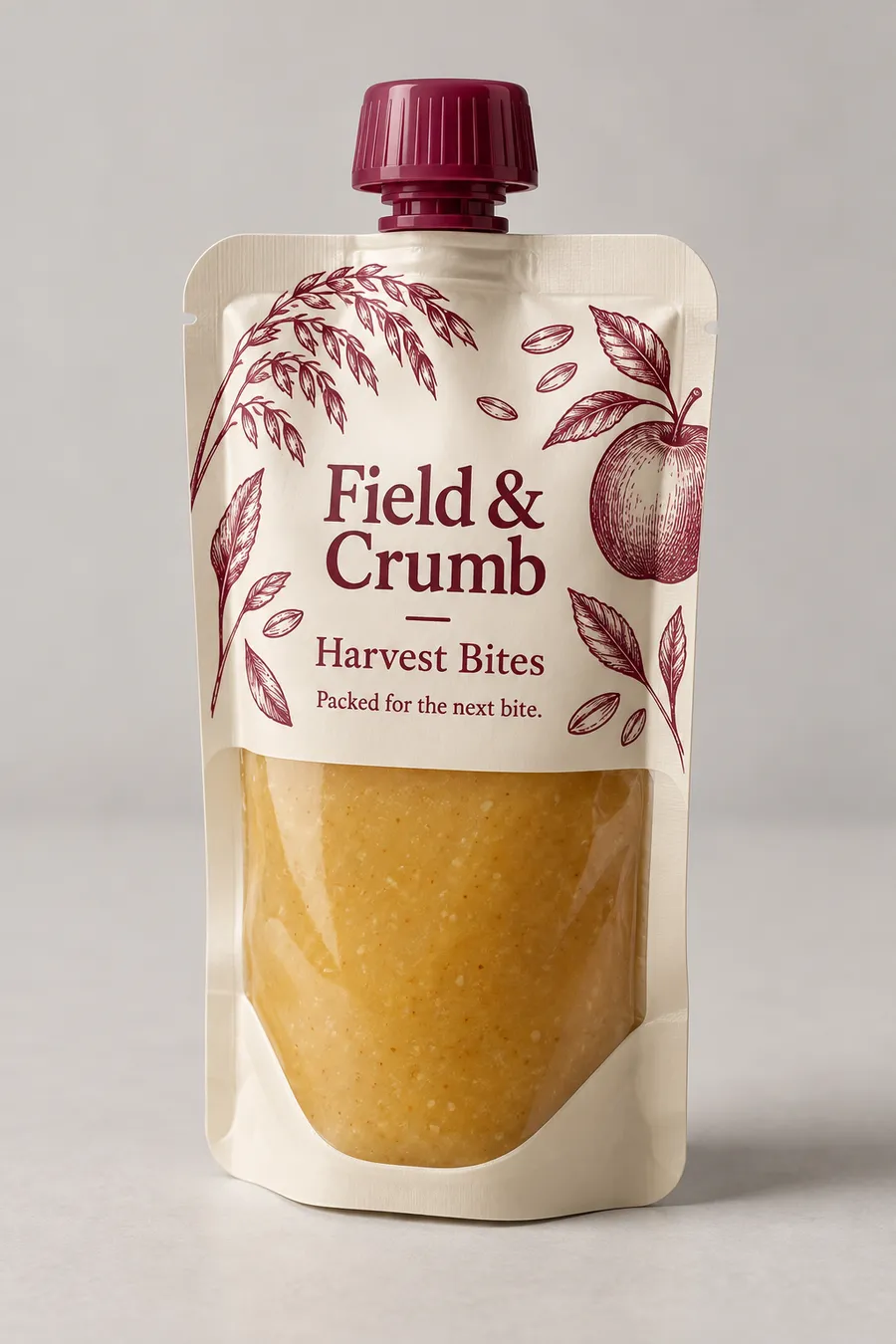 Printed flexible baby food pouch with a cranberry cap and golden puree