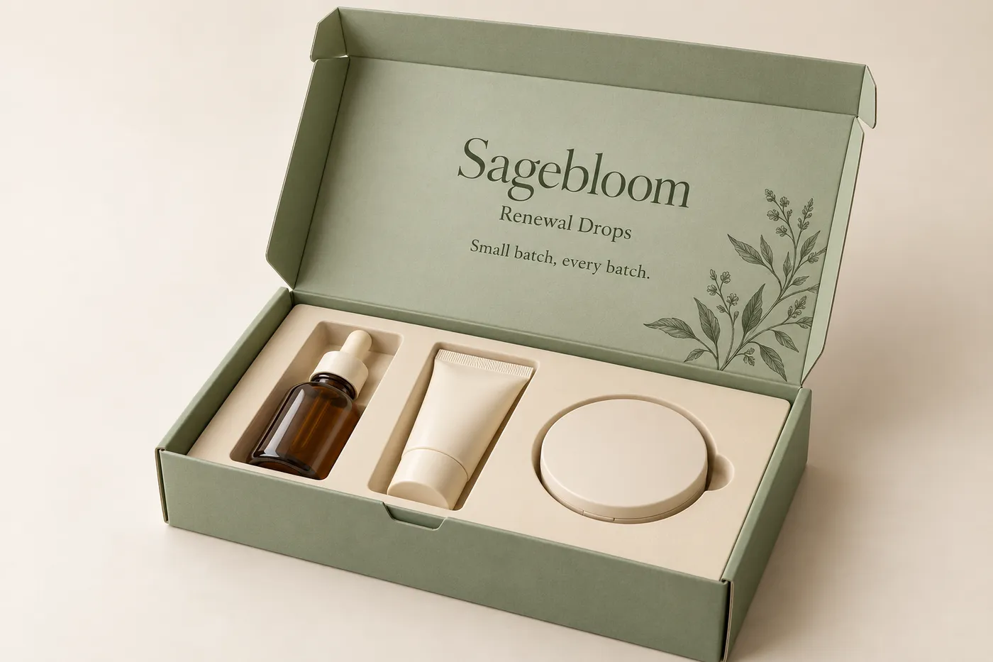 Open sage-green beauty subscription box with printed Sagebloom lid and a bottle, tube and compact in a paperboard tray.