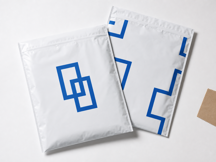 Two white mailers in a flat lay showing cobalt front and back print treatments