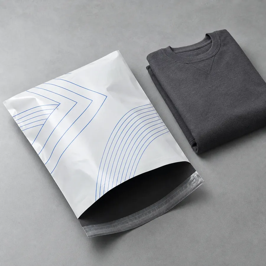 White bio poly mailer beside folded charcoal apparel on a cool gray studio surface
