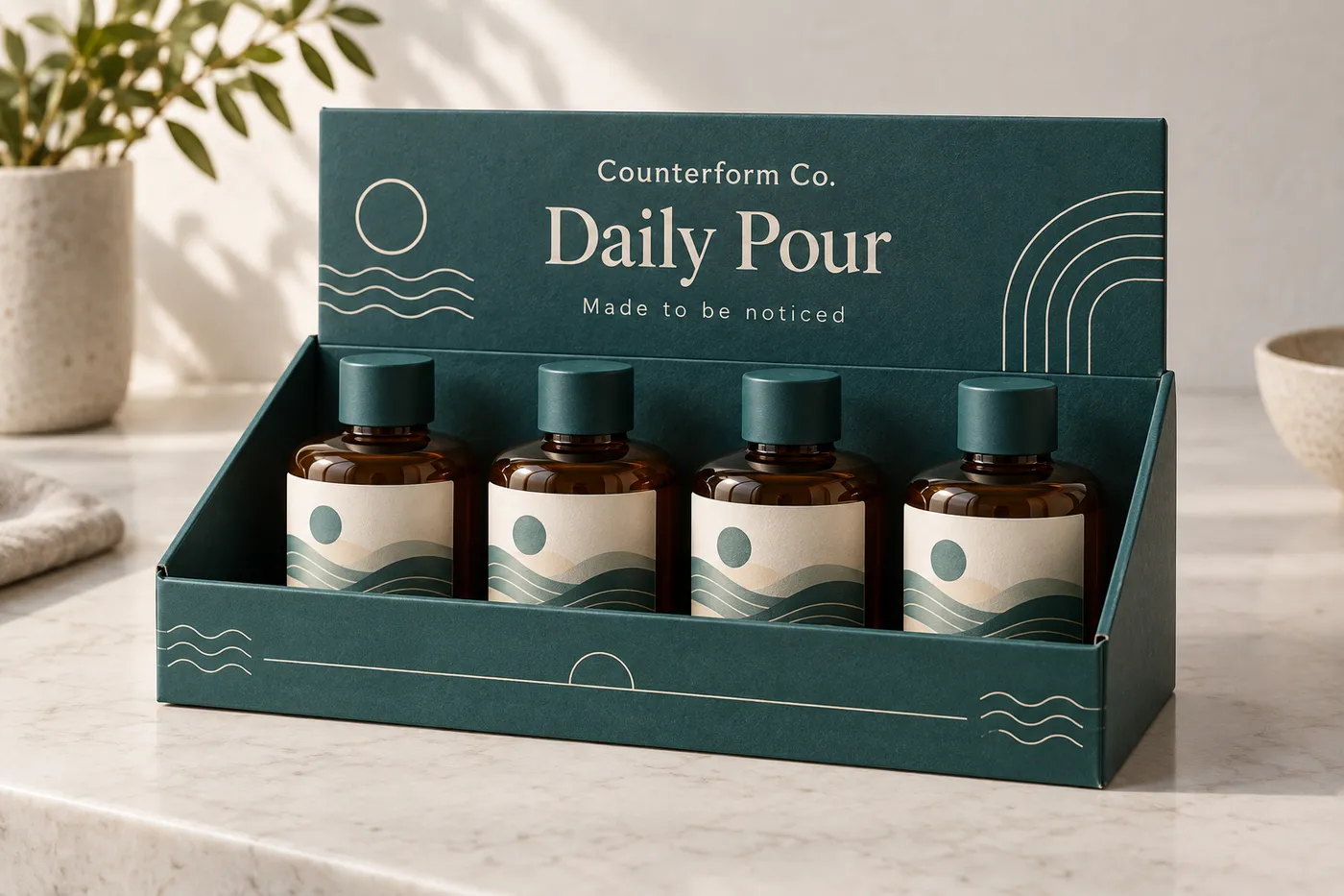 Deep-teal open-front bottle display box with four fictional amber bottles and Counterform Co. header print.