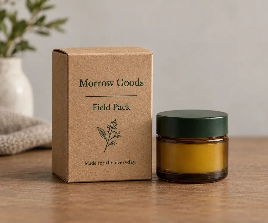 Brown kraft tuck-end box with green print beside an amber botanical balm jar