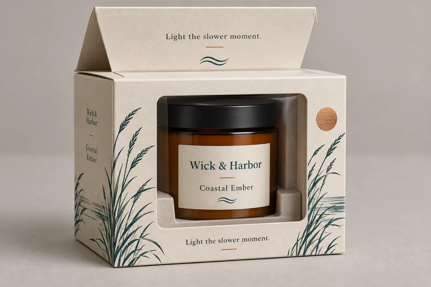 An ivory candle carton displays an amber jar through its clear front window.