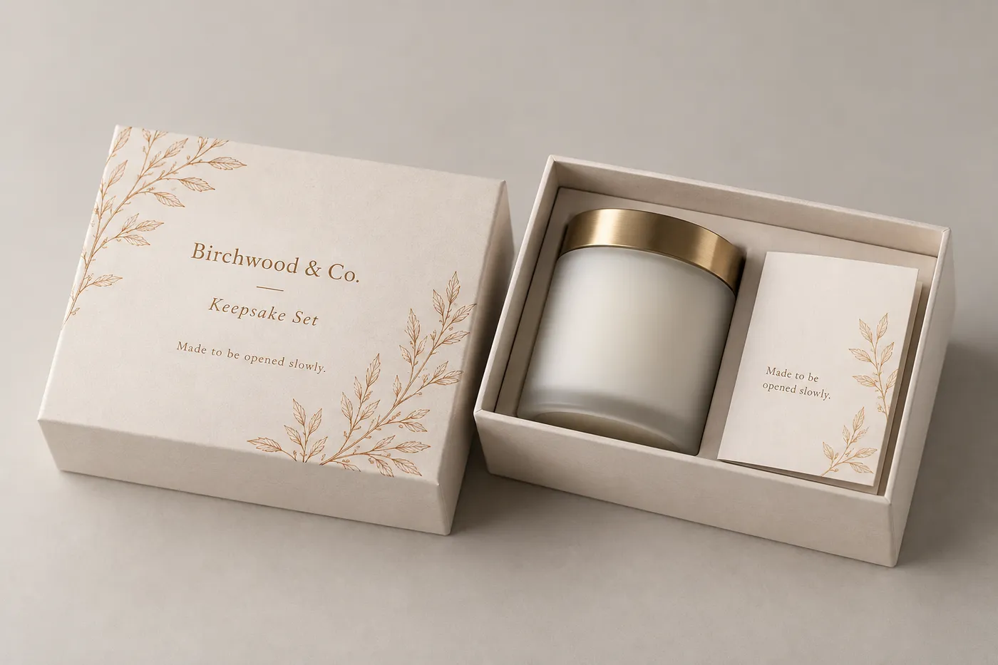 Open warm-ivory rigid candle gift box with a candle jar, card, and lift-off lid