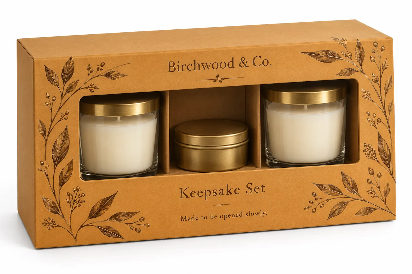 Warm amber candle gift box with a window showing two candle jars and a smaller tin