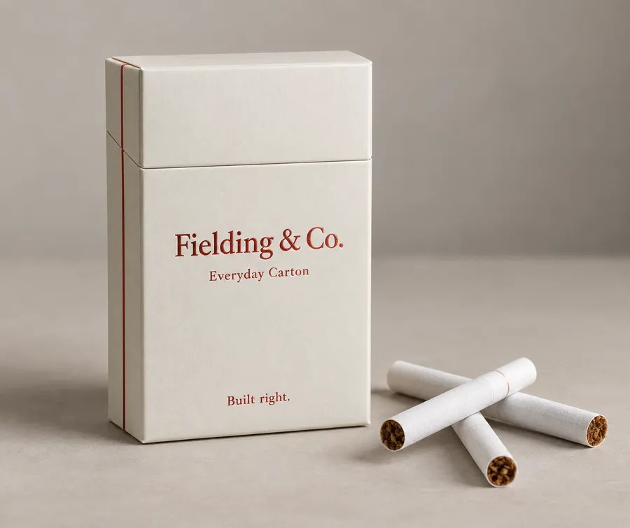 Closed custom cardboard cigarette box with a printed front panel and an unbranded inner pack