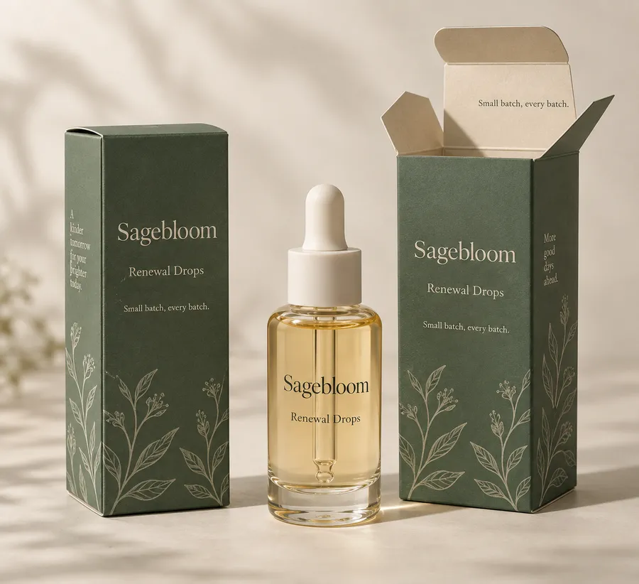 Open sage-green folding carton beside a clear dropper bottle with an ivory cap and amber liquid.