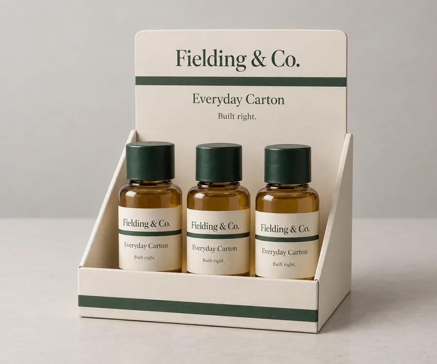 Open cardboard counter display tray with three amber bottles and printed raised back panel