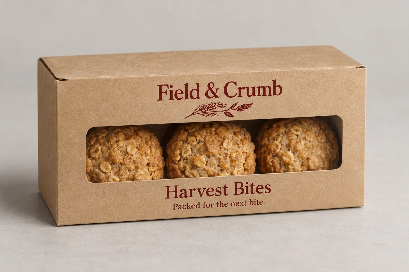 Printed kraft cardboard food box with tuck-top and biscuits visible through a window