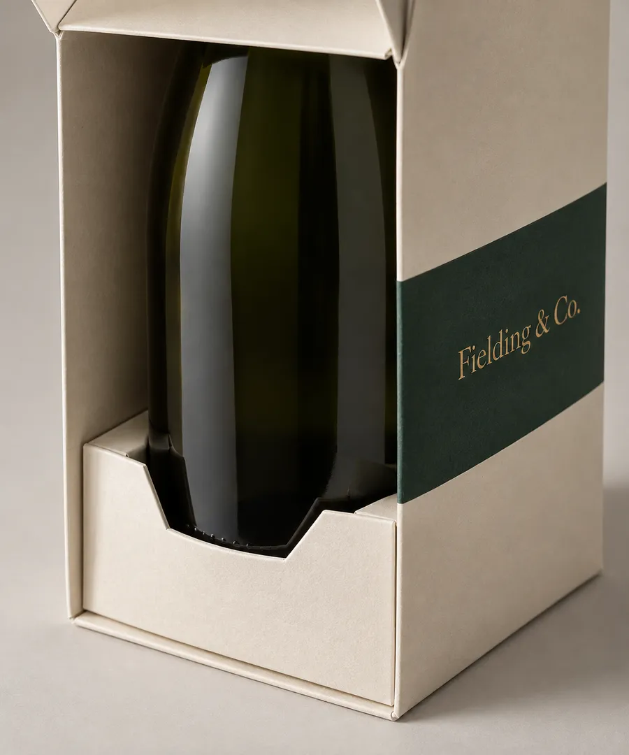 Close-up of paperboard bottle cradle and tuck-top fold inside a printed wine carton