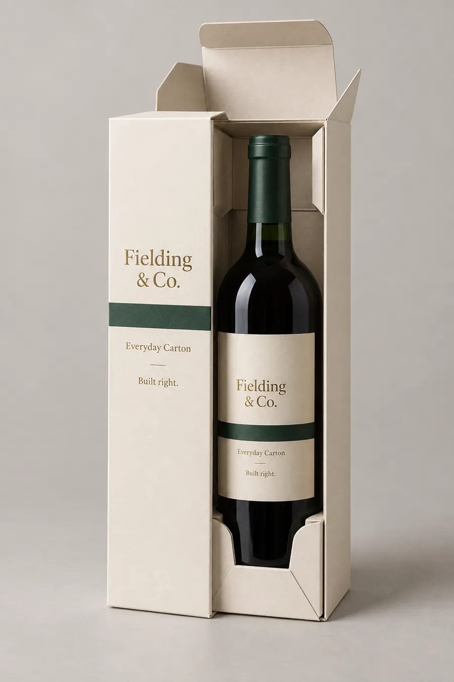 Open tall ivory cardboard wine box with one dark-green bottle in a paperboard cradle