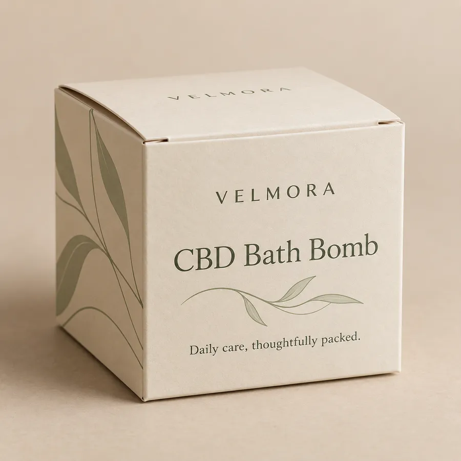 Ivory CBD bath bomb carton with VELMORA printed identity and sage botanical lines.