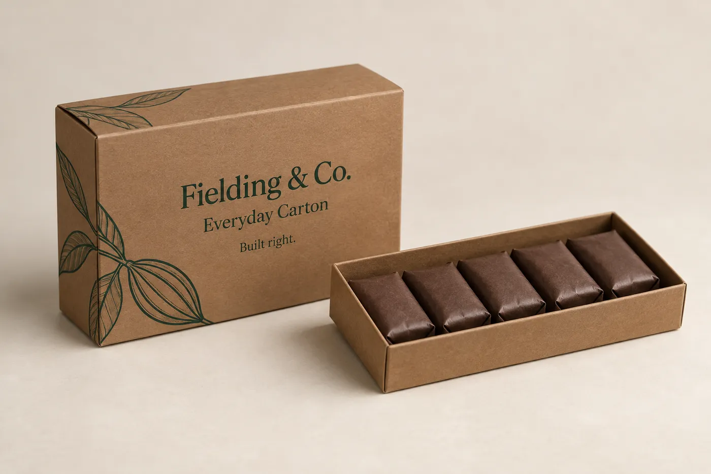 Closed custom chocolate cardboard box beside a shallow tray of wrapped chocolate pieces
