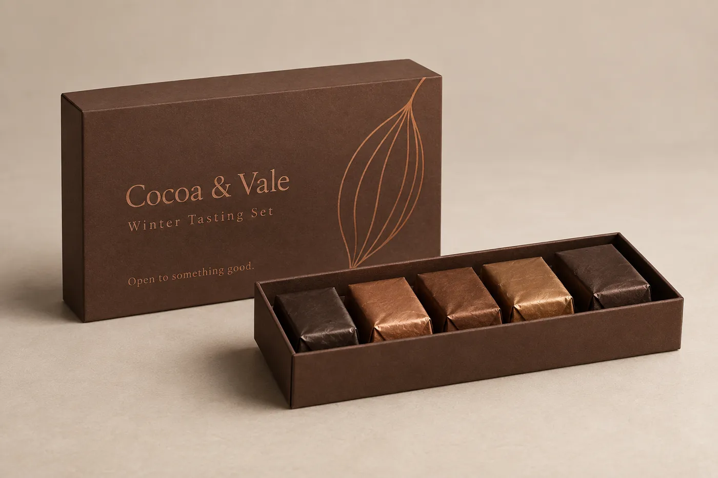 Closed cocoa-brown rigid chocolate gift box beside a tray of wrapped chocolate pieces