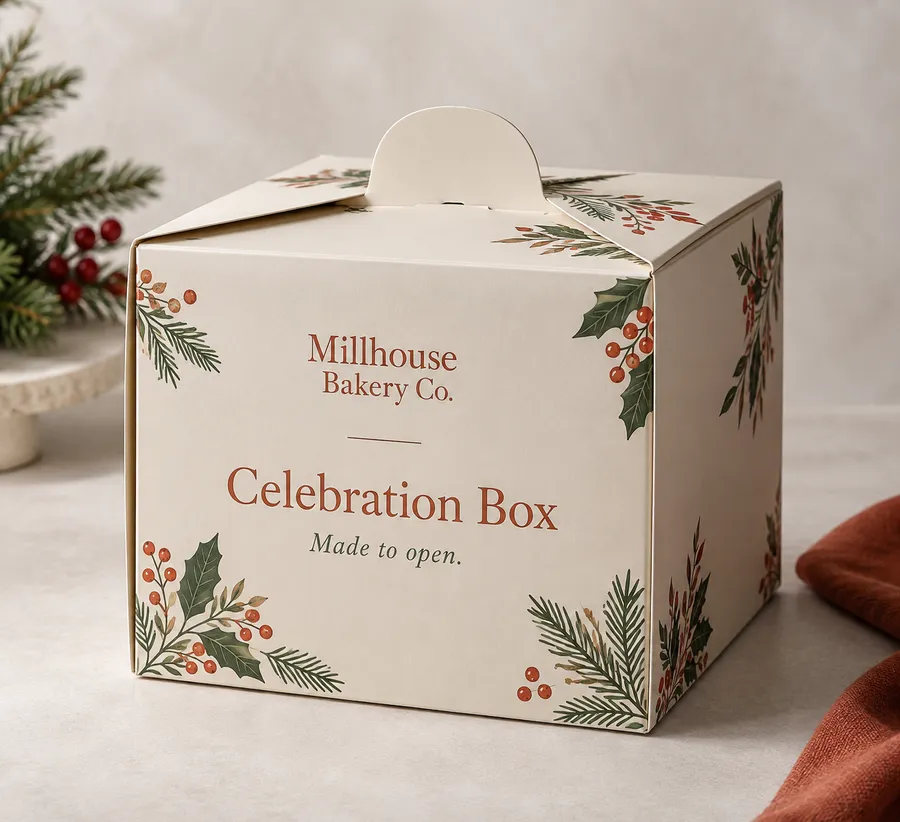 Christmas Cake Boxes with a closed printed cake box on a neutral studio surface