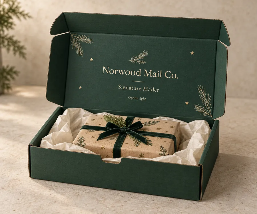 Open deep green Christmas mailer box with ivory seasonal artwork and a wrapped gift on a warm stone surface.