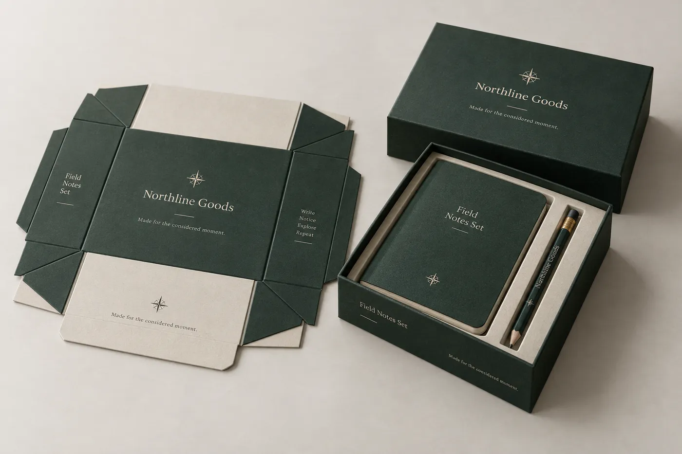 Collapsible rigid box shown folded flat beside an assembled open box with a printed insert.