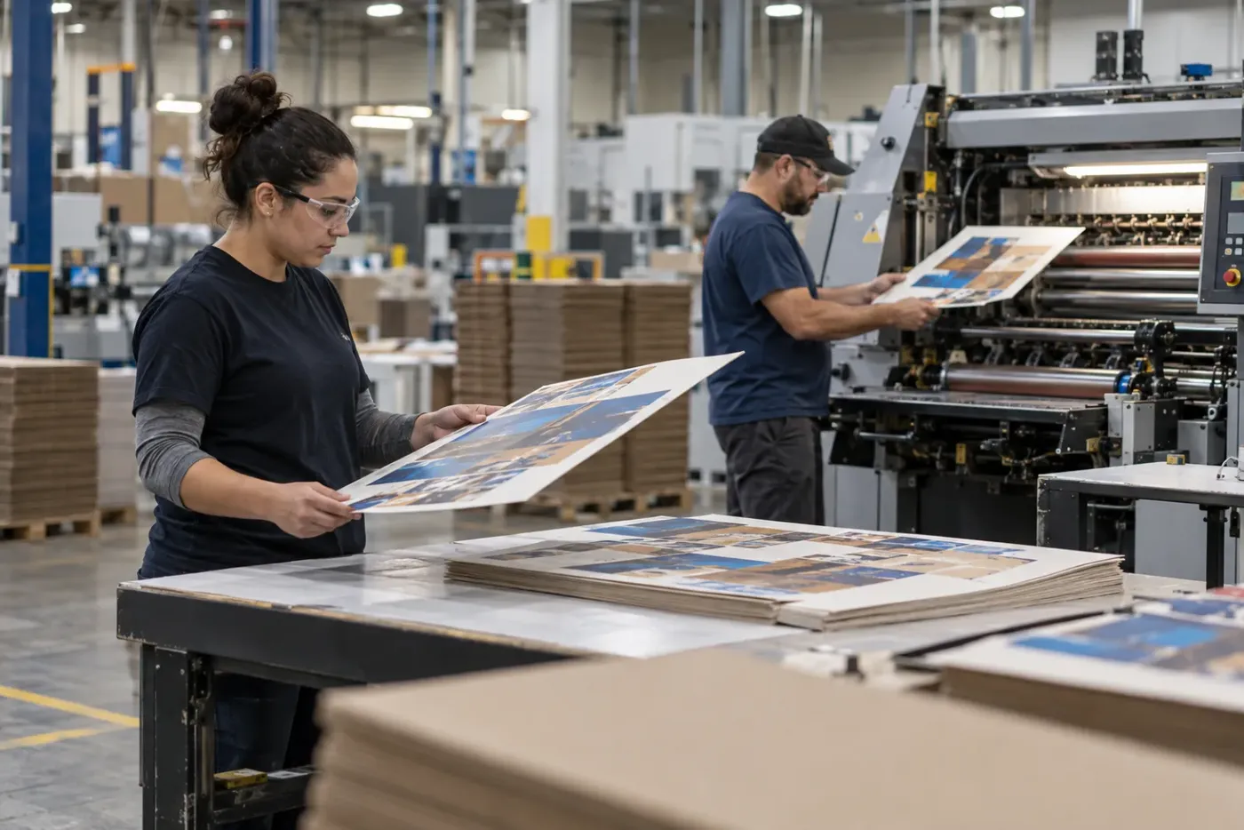 Packaging operators reviewing printed sheets beside commercial printing equipment