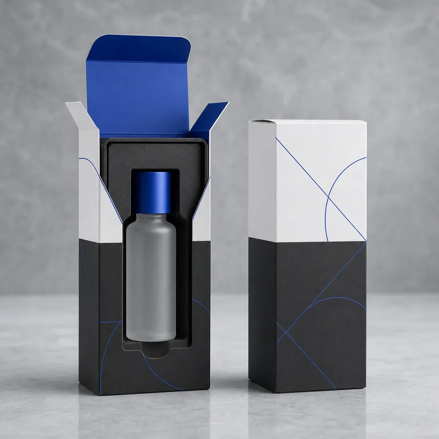 White and charcoal cosmetic bottle cartons with a fitted insert and cobalt details