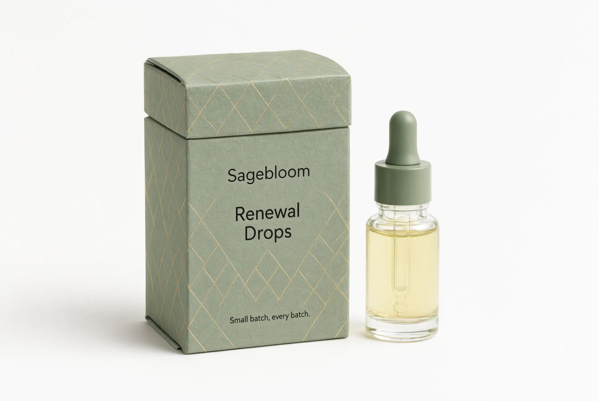 Closed rigid two-piece sage-green serum box with a gold foil diamond pattern, standing beside a glass dropper bottle