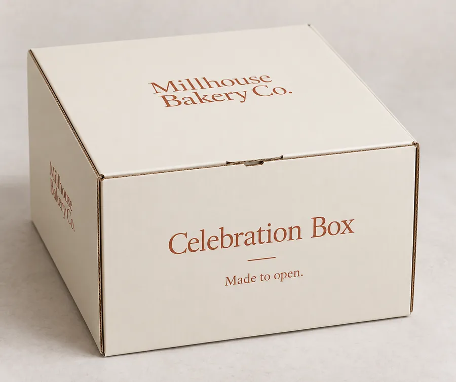 Corrugated Cake Boxes with a closed printed cake box on a neutral studio surface