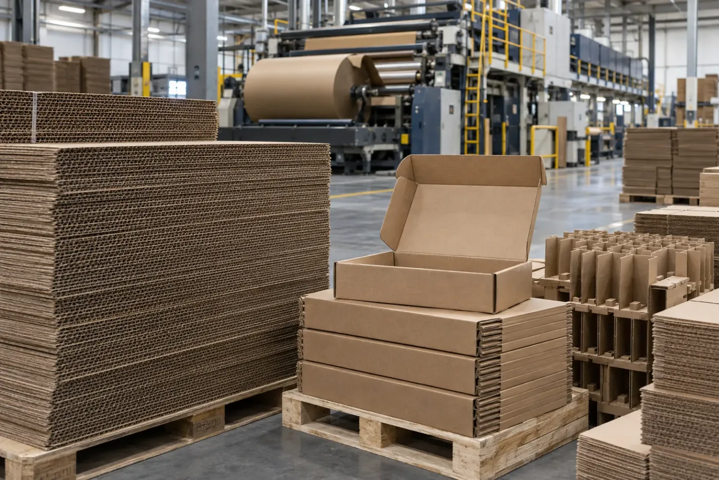 Corrugated board stacks and mailer boxes beside production machinery