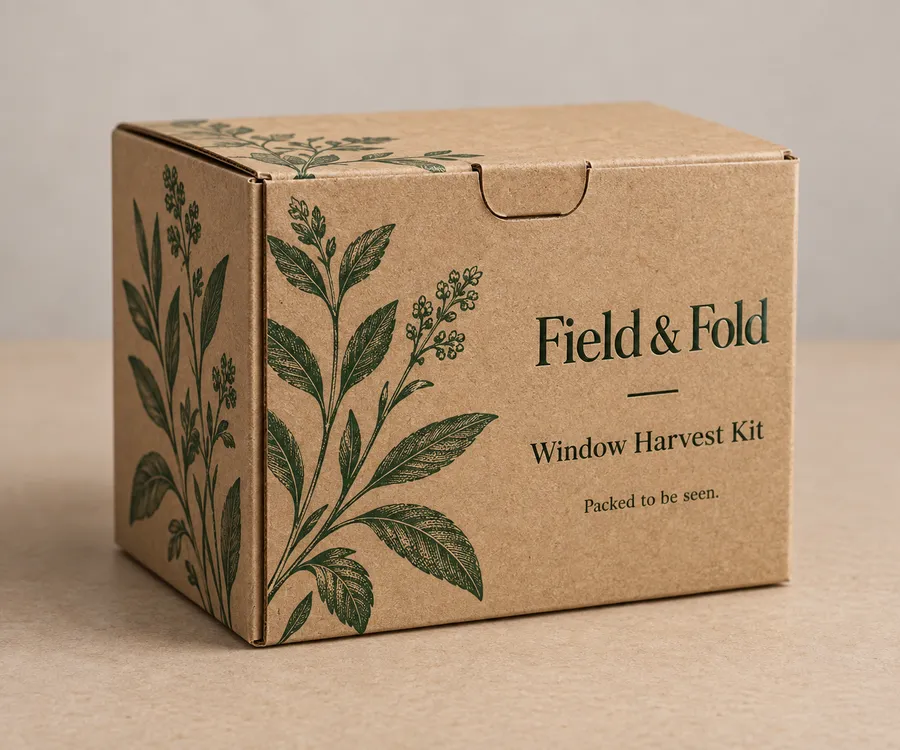 Formed kraft corrugated wrap box with printed panels, scored folds, and tuck tab closure
