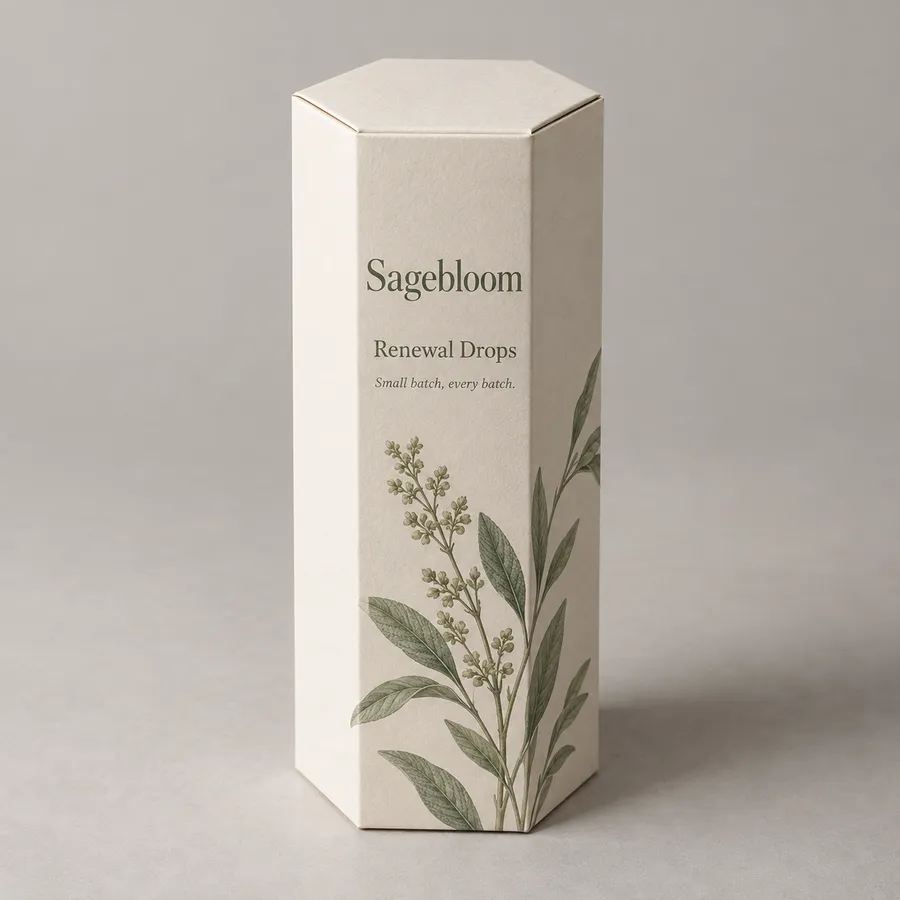 Closed ivory hexagonal Sagebloom carton with sage lettering and a botanical sprig on a side panel.
