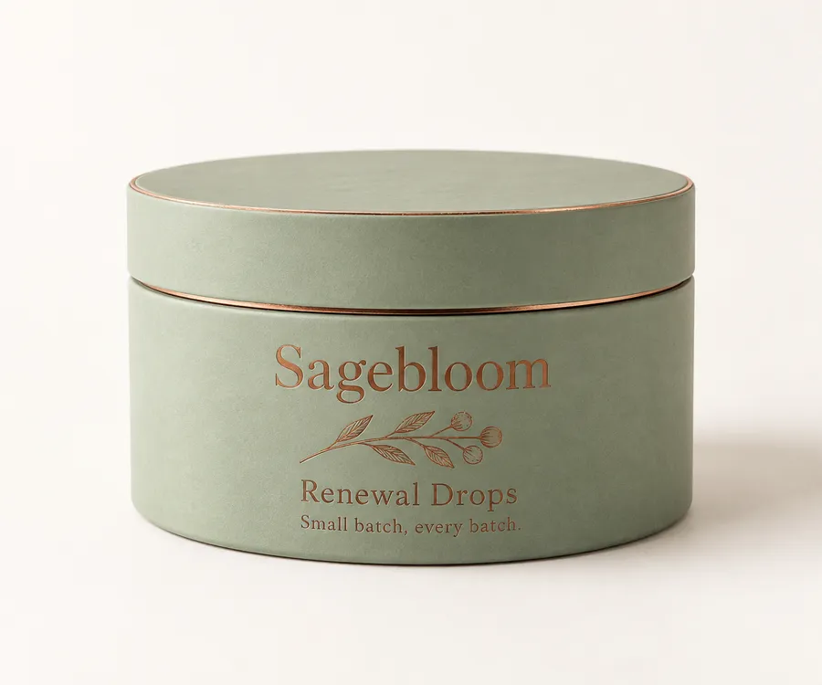 Closed sage-green cosmetic jar box with copper botanical foil and Sagebloom printing