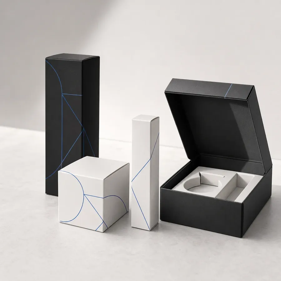 Beauty cartons and a rigid presentation box with a fitted insert
