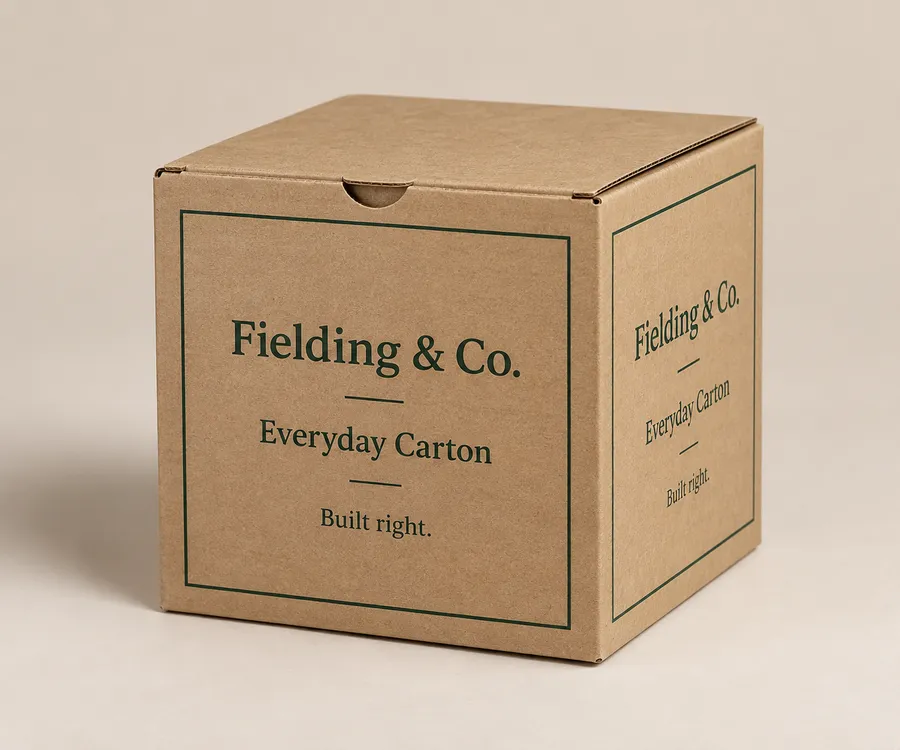 Closed kraft cube cardboard box with printed front and side faces and a tuck closure
