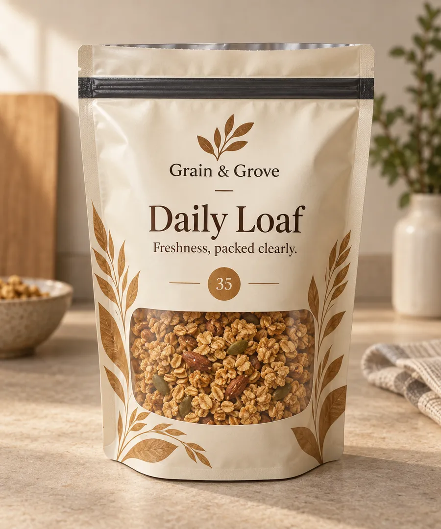 Printed warm ivory custom 35 mylar bag with a zipper, clear window, and granola inside.