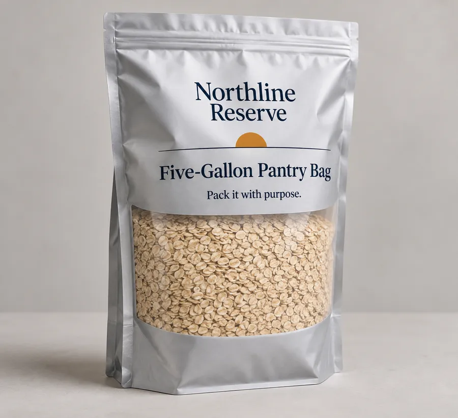 Printed matte silver five-gallon pouch filled with pale oat flakes