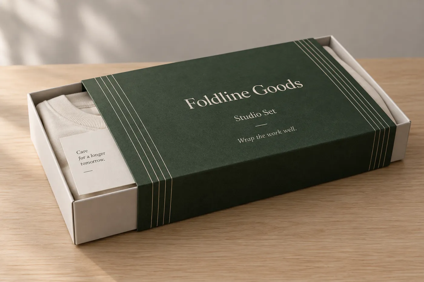 Deep green Foldline Goods apparel sleeve around a shallow carton holding a folded ivory T-shirt.