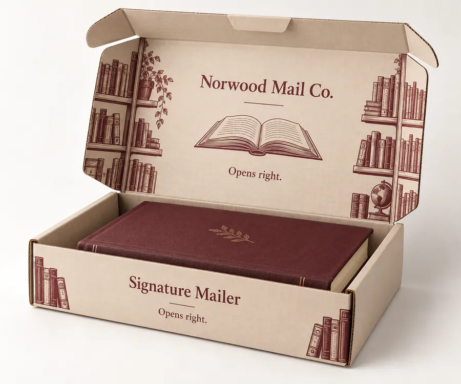 Open ivory folding book mailer with a burgundy hardcover book and Norwood Mail Co. print in a studio setting