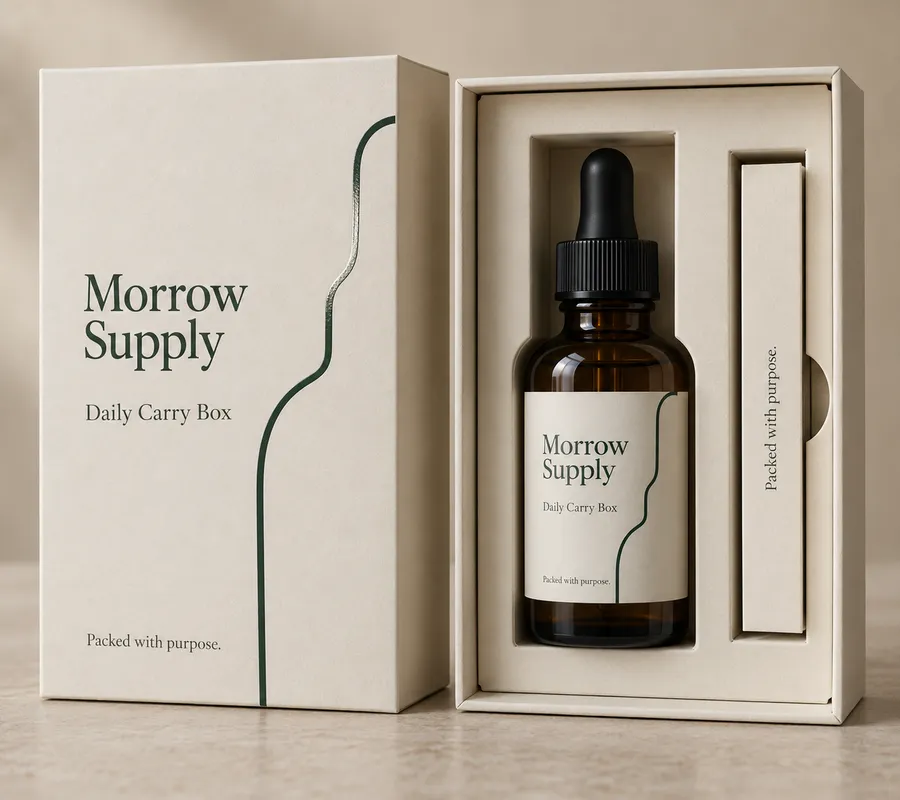 Open printed bottle box with an amber dropper bottle seated in a fitted paperboard insert.