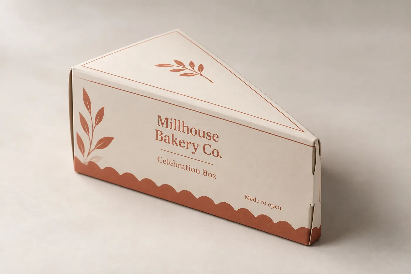 Custom Cake Slice Boxes with a closed printed cake package on a neutral studio surface
