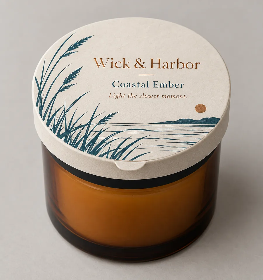 Warm ivory printed candle dust cover resting over an amber jar with Wick & Harbor artwork.
