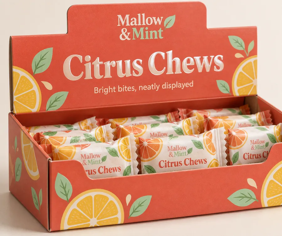 Close detail of the coral candy display box showing its printed header, tuck fold, and clean carton finish.