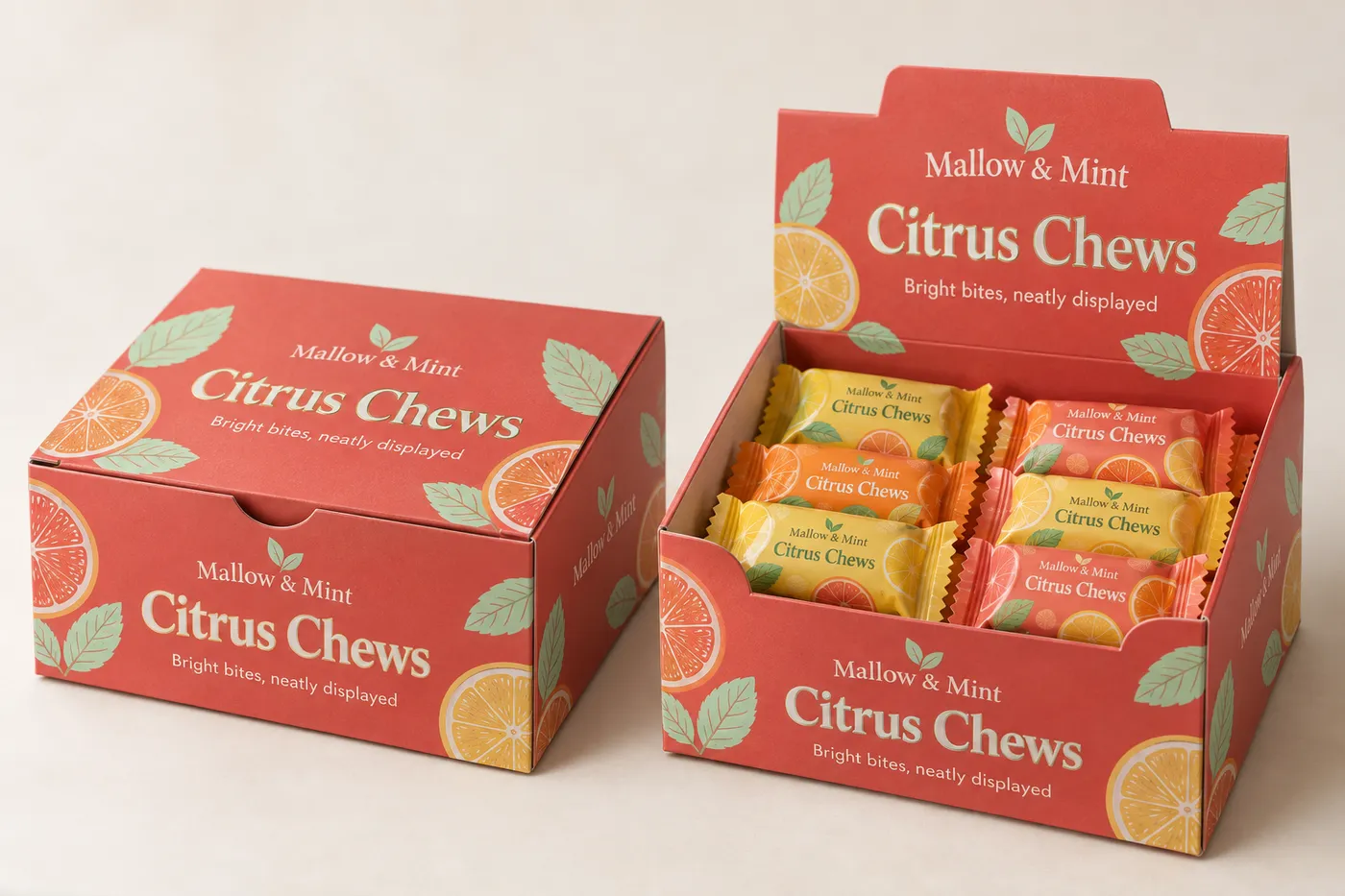 Custom coral candy display box with Mallow & Mint branding and wrapped citrus candies visible at the front.