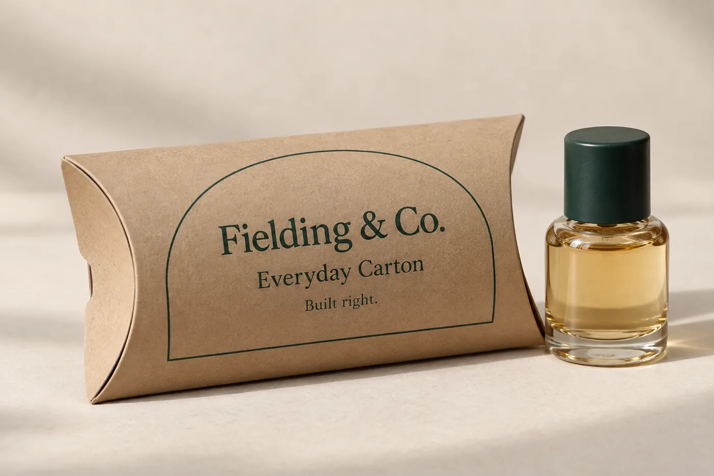 Closed kraft cardboard pillow box with curved ends, forest-green print, and an amber fragrance bottle