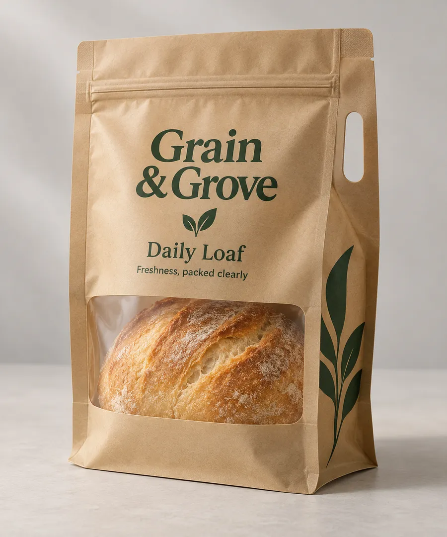 Branded kraft-look flexible carry-out pouch with zipper, gusset, and bread loaf